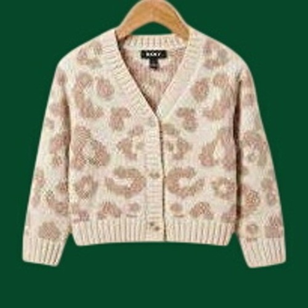 DKNY Cardigan Chenille Sweater Girls Toddler 18M Cream Leopard Print Button Soft